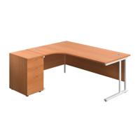 Twin Upright Left Hand Radial Desk + Desk High 3 Drawer Pedestal  1800X1200 600mm Deep Pedestal Beech/White