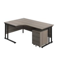 Twin Upright Left Hand Radial Desk + Mobile 3 Drawer Pedestal  1800X1200 Grey Oak/Black