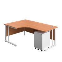 Twin Upright Left Hand Radial Desk + Under Desk Steel Pedestal 3 Drawers  1800X1200 Beech/White