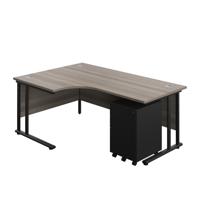 Twin Upright Left Hand Radial Desk + Under Desk Steel Pedestal 3 Drawers  1800X1200 Grey Oak/Black