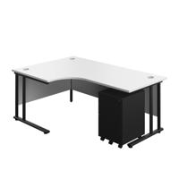 Twin Upright Left Hand Radial Desk + Under Desk Steel Pedestal 3 Drawers  1800X1200 White/Black
