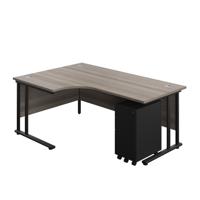 Twin Upright Left Hand Radial Desk + Slimline Steel Pedestal 3 Drawers  1800X1200 Grey Oak/Black