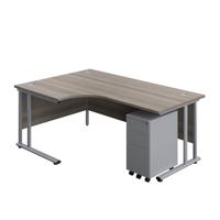 Twin Upright Left Hand Radial Desk + Slimline Steel Pedestal 3 Drawers  1800X1200 Grey Oak/Silver