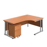 Twin Upright Right Hand Radial Desk + Mobile 2 Drawer Pedestal  1800X1200 Beech/Silver