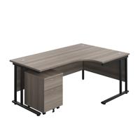 Twin Upright Right Hand Radial Desk + Mobile 2 Drawer Pedestal  1800X1200 Grey Oak/Black