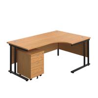 Twin Upright Right Hand Radial Desk + Mobile 2 Drawer Pedestal  1800X1200 Nova Oak/Black