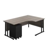 Twin Upright Right Hand Radial Desk + Under Desk Steel Pedestal 3 Drawers  1800X1200 Grey Oak/Black