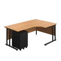 Twin Upright Right Hand Radial Desk + Under Desk Steel Pedestal 3 Drawers  1800X1200 Nova Oak/Black
