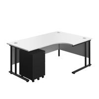 Twin Upright Right Hand Radial Desk + Under Desk Steel Pedestal 3 Drawers  1800X1200 White/Black