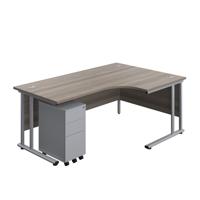 Twin Upright Right Hand Radial Desk + Slimline Steel Pedestal 3 Drawers  1800X1200 Grey Oak/Silver