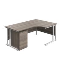 Twin Upright Right Hand Radial Desk + High Mobile Pedestal 3 Drawer  1800X1200 Grey Oak/White
