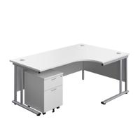 Twin Upright Right Hand Radial Desk + Mobile 2 Drawer Pedestal  1800X1200 White/Silver