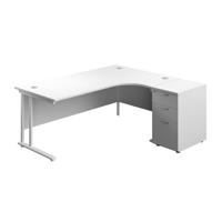 Twin Upright Right Hand Radial Desk + Desk High 3 Drawer Pedestal (FSC) 1800X1200 600mm Deep Pedestal White/White