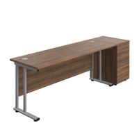 Twin Upright Rectangular Desk + Desk High 3 Drawer Pedestal (FSC) 1800X600 Dark Walnut/Silver