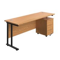 Twin Upright Rectangular Desk + Mobile 3 Drawer Pedestal (FSC) 1800X600 Nova Oak/Black