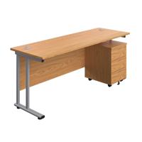 Twin Upright Rectangular Desk + Mobile 3 Drawer Pedestal  1800X600 Nova Oak/Silver