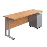 Twin Upright Rectangular Desk + Under Desk Steel Pedestal 3 Drawers  1800X600 Nova Oak/Silver