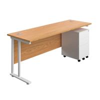 Twin Upright Rectangular Desk + Under Desk Steel Pedestal 3 Drawers  1800X600 Nova Oak/White