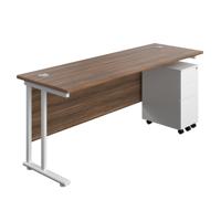 Twin Upright Rectangular Desk + Slimline Steel Pedestal 3 Drawers (FSC) 1800X600 Dark Walnut/White