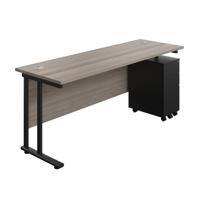 Twin Upright Rectangular Desk + Slimline Steel Pedestal 3 Drawers (FSC) 1800X600 Grey Oak/Black
