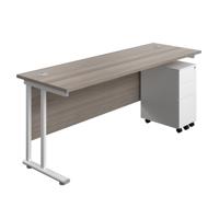Twin Upright Rectangular Desk + Slimline Steel Pedestal 3 Drawers (FSC) 1800X600 Grey Oak/White