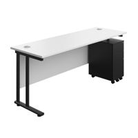 Twin Upright Rectangular Desk + Slimline Steel Pedestal 3 Drawers (FSC) 1800X600 White/Black