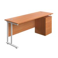 Twin Upright Rectangular Desk + High Mobile Pedestal 3 Drawer (FSC) 1800X600 Beech/White