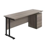 Twin Upright Rectangular Desk + High Mobile Pedestal 3 Drawer (FSC) 1800X600 Grey Oak/Black