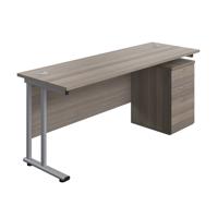 Twin Upright Rectangular Desk + High Mobile Pedestal 3 Drawer (FSC) 1800X600 Grey Oak/Silver
