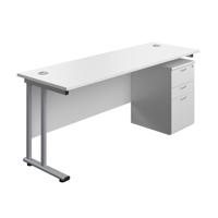 Twin Upright Rectangular Desk + High Mobile Pedestal 3 Drawer (FSC) 1800X600 White/Silver