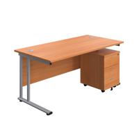 Twin Upright Rectangular Desk + Mobile 3 Drawer Pedestal (FSC) 1800X800 Beech/Silver