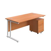 Twin Upright Rectangular Desk + Mobile 3 Drawer Pedestal (FSC) 1800X800 Beech/White