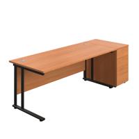 Twin Upright Rectangular Desk + Desk High 3 Drawer Pedestal (FSC) 1800X800 Beech/Black