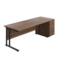 Twin Upright Rectangular Desk + Desk High 3 Drawer Pedestal (FSC) 1800X800 Dark Walnut/Black