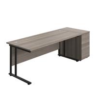 Twin Upright Rectangular Desk + Desk High 3 Drawer Pedestal (FSC) 1800X800 Grey Oak/Black