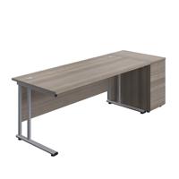 Twin Upright Rectangular Desk + Desk High 3 Drawer Pedestal (FSC) 1800X800 Grey Oak/Silver
