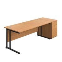 Twin Upright Rectangular Desk + Desk High 3 Drawer Pedestal (FSC) 1800X800 Nova Oak/Black