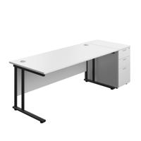 Twin Upright Rectangular Desk + Desk High 3 Drawer Pedestal (FSC) 1800X800 White/Black