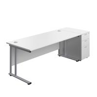 Twin Upright Rectangular Desk + Desk High 3 Drawer Pedestal (FSC) 1800X800 White/Silver