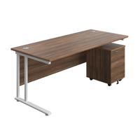 Twin Upright Rectangular Desk + Mobile 2 Drawer Pedestal (FSC) 1800X800 Dark Walnut/White