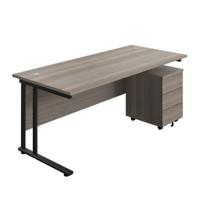 Twin Upright Rectangular Desk + Mobile 3 Drawer Pedestal (FSC) 1800X800 Grey Oak/Black