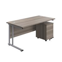 Twin Upright Rectangular Desk + Mobile 2 Drawer Pedestal (FSC) 1800X800 Grey Oak/Silver