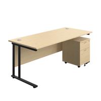 Twin Upright Rectangular Desk + Mobile 2 Drawer Pedestal (FSC) 1800X800 Maple/Black
