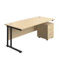 Twin Upright Rectangular Desk + Mobile 3 Drawer Pedestal (FSC) 1800X800 Maple/Black
