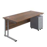 Twin Upright Rectangular Desk + Under Desk Steel Pedestal 3 Drawers (FSC) 1800X800 Dark Walnut/Silver