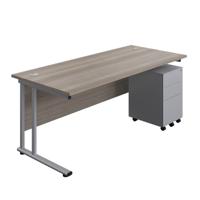Twin Upright Rectangular Desk + Under Desk Steel Pedestal 3 Drawers (FSC) 1800X800 Grey Oak/Silver