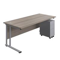 Twin Upright Rectangular Desk + Slimline Steel Pedestal 3 Drawers (FSC) 1800X800 Grey Oak/Silver