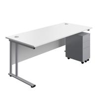 Twin Upright Rectangular Desk + Slimline Steel Pedestal 3 Drawers  1800X800 White/Silver