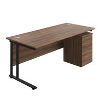Twin Upright Rectangular Desk + High Mobile Pedestal 3 Drawer (FSC) 1800X800 Dark Walnut/Black