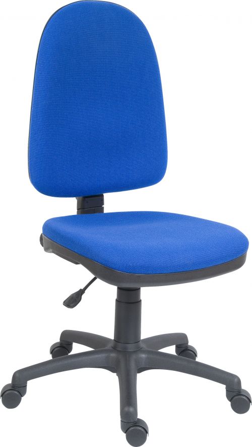Teknik Office Price Blaster High Back Blue Fabric Operator chair with durable black nylon base. Accepts optional arm rests.